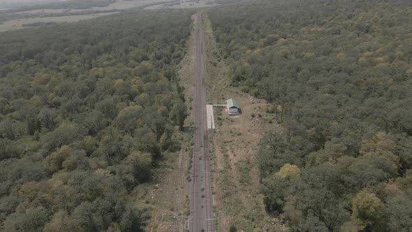 Samtskhe-Javakheti, Georgia - August 20 2021: Aerial view of small railway station near Tetritskaro