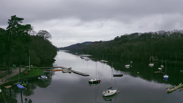 Beautiful aerial view, footage of Rudyard Lake in the Derbyshire Peak District Nation Park, popular