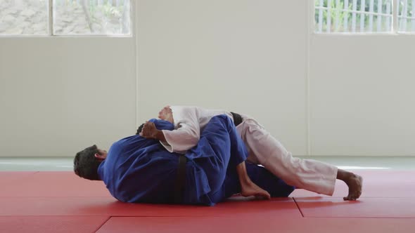 Judokas fighting and immobilizing on the ground