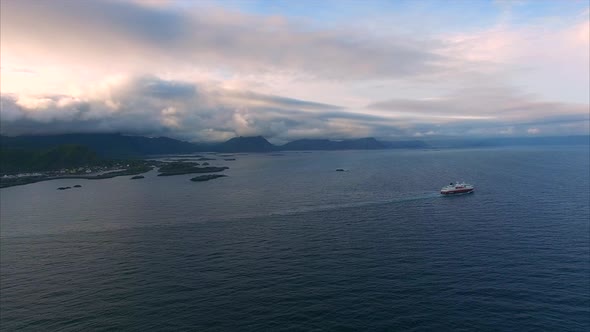 Cruise ship on norwegian coast, aerial footage