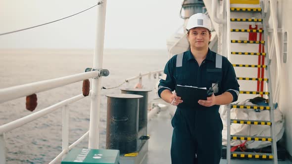 Marine Chief Officer or Chief Mate on Deck of Ship or Vessel