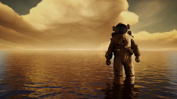 Spaceman in the Sea Under Clouds at Sunset alt