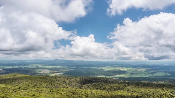 White Clouds in Blue Sky over Sunny Green Nature in New Zealand Landscape