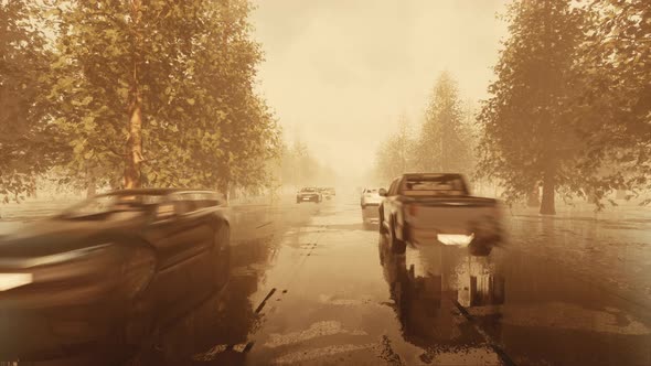 Misty Landscape Rain Forest Traffic on Road alt