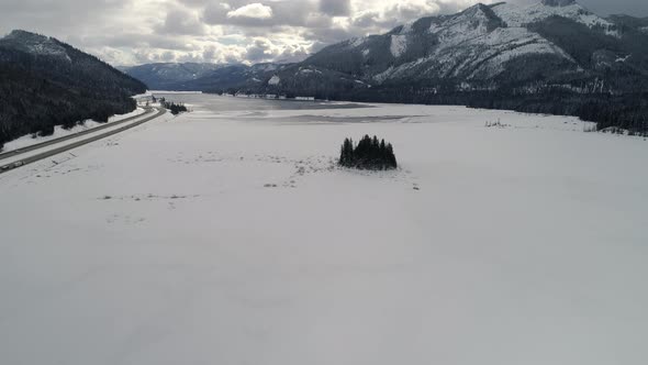 Lake Keechelus Washington Winter Aerial By Snowy Freeway