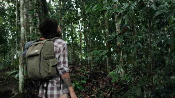 Man walking through green dense forest