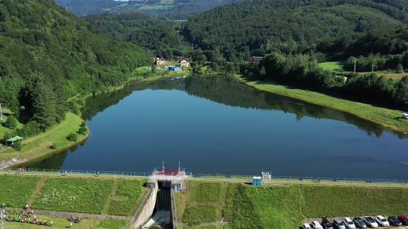 Aerial view of a water reservoir in the town of Dobsina in Slovakia