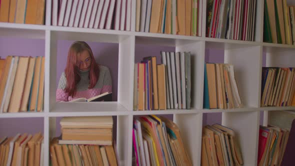 A Student is Reading a Book in the Library Behind the Bookshelves