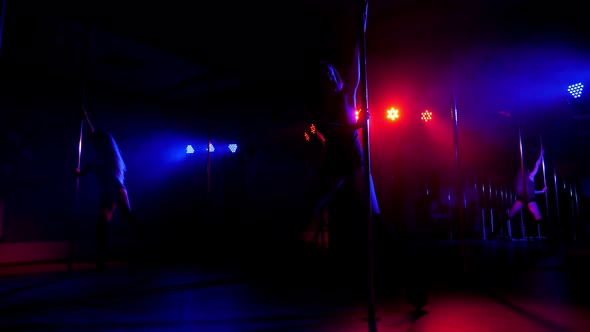 A Young Woman is Dancing on a Pole in a Dark with Bright Multicolored Spotlights