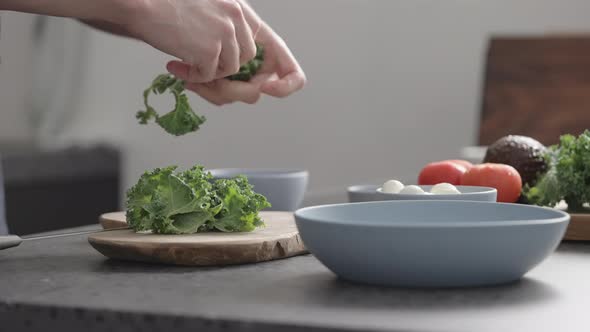 Slow Motion Man Make Salad with Kale Mozzarella Avocado and Cherry Tomatoes Tear Kale