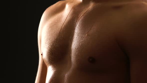 Sweat Drops Flowing Down Muscular Torso, Sportsman Tired After Workout Closeup