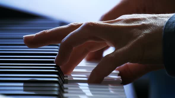 Female Hands Playing Piano. A Woman Touches the Keys with Her Fingers