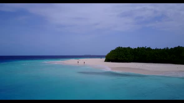 Aerial top down travel of paradise shore beach holiday by blue lagoon with clean sand background of 