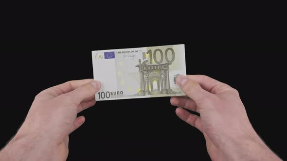 Male Hands Show Banknote of One Hundred Euros with Alpha Channel