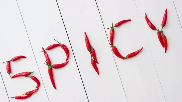 A Word SPICY Formed with Small Red Chilli Peppers