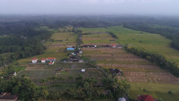 Small village surrounded with rice fields before the rain, Bali, Indonesia