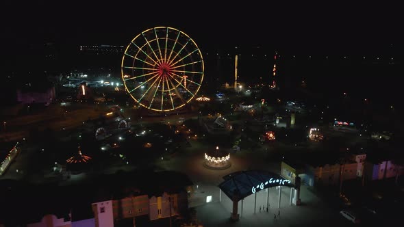 Flying over Amusement Park Tsitsinatela at night. Shekvetili, Georgia 2020