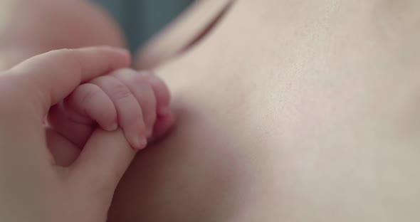 Little Baby's Hand in Mother's Hand During Breastfeeding