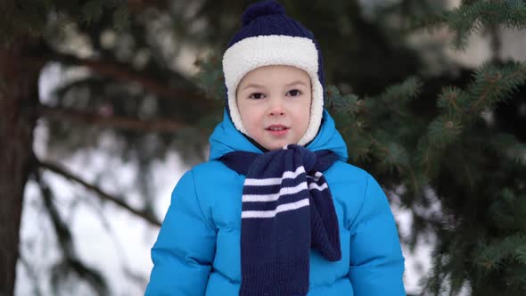 Cute Four Years Old Boy Portrait on Winter Forest