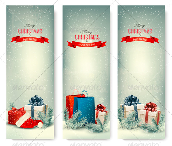 Three Retro Holiday Banners with Gift Boxes