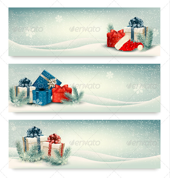 Three Retro Holiday Banners with Gift Boxes