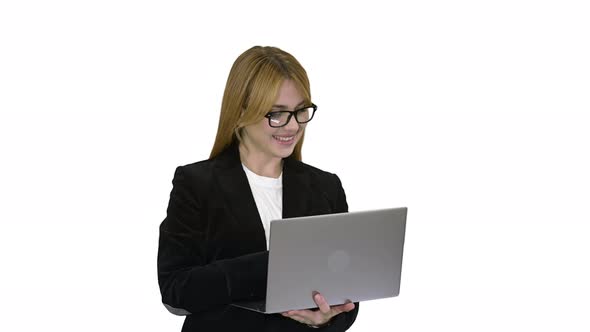 Business Woman Working on Laptop Smiling on White Background