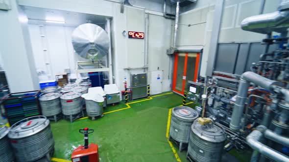 Equipment at dairy plant. Automated technological equipment in modern dairy factory