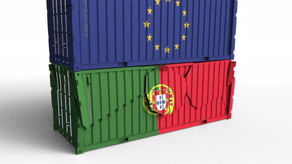 Container with Flag of the EU Breaks Container with Flag of Portugal alt