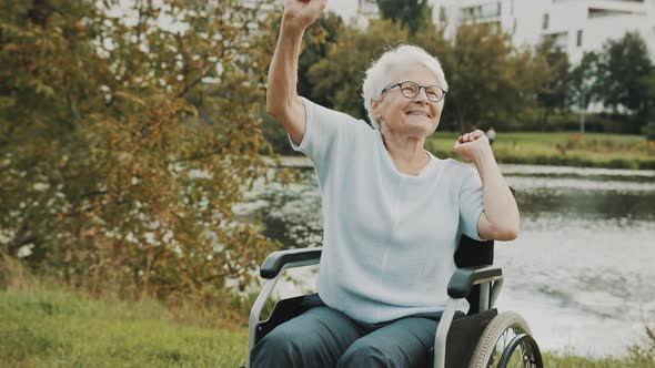 Senior Woman Dancing with Hands in the Wheelchair Near the River on the Autumn Day