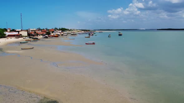 Ships Floating On Shallow Water Of Tropical Ocean At The Small Town Of Natal, Brazil. Aerial Drone S