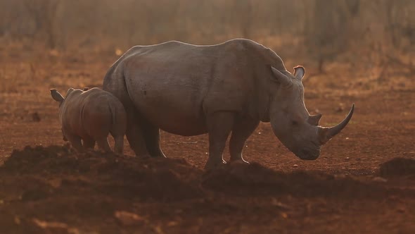 A female rhino and her calf, Ceratherium simun slowly mill around a waterhole in the late afternoon