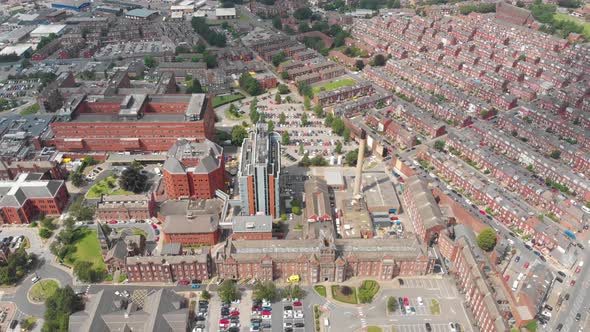 Aerial footage of the St. James's University Hospital in Leeds, West Yorkshire, England in the UK