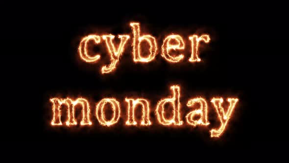 Cyber Monday is on fire.Symbol animation burning in a flame on a black background