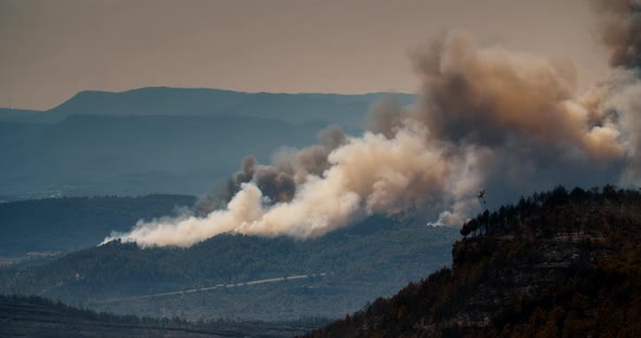 Strong Smoke Caused By Wildfire and Firefight Helicopter Fly to Stop Fire