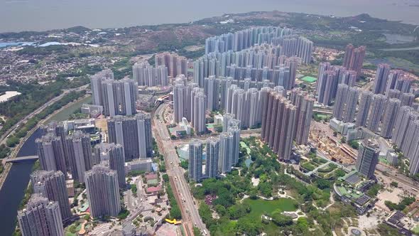 Drone fly over Hong Kong urban city