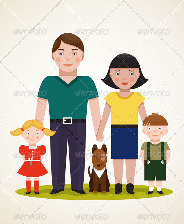 Happy Family Parents with Two Children and Dog