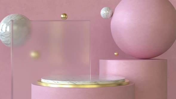 3d animation loop. Podium with minimal abstract geometric background on pink