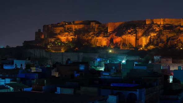 Panorama on Jodhpur cityscape by night Rajasthan, India.