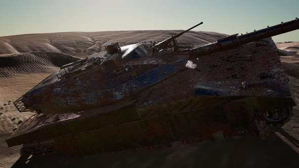 Militairy Tanks Destructed in the Desert at Sunset