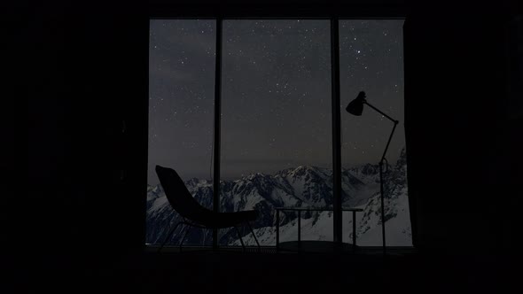 Modern Interrior Hotel Room at Mountain Resort Under the Starry Sky