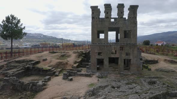 Centum Cellas mysterious ancient tower drone aerial view in Belmonte, Portugal