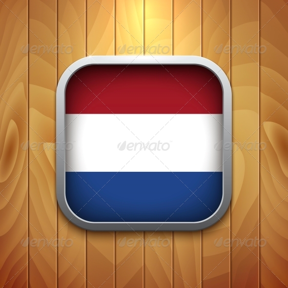 Rounded Square Dutch Flag Icon on Wood Texture.