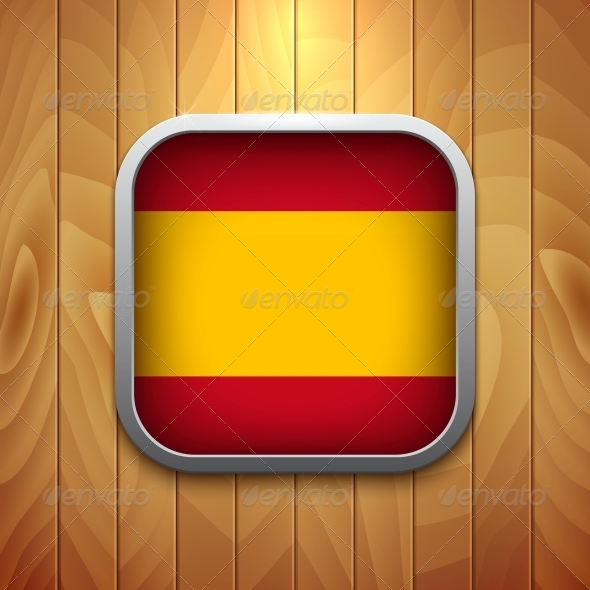 Rounded Square Spain Flag Icon on Wood Texture.