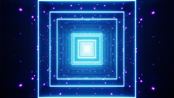 Glittering Neon Particles in the Blue Square Tunnel