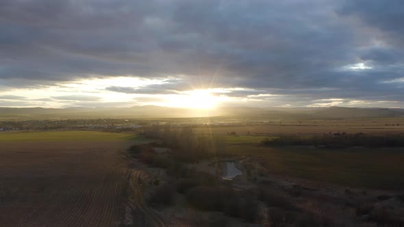 Aerial Drone Footage, Flight to the Beautiful Sunset/Landscape