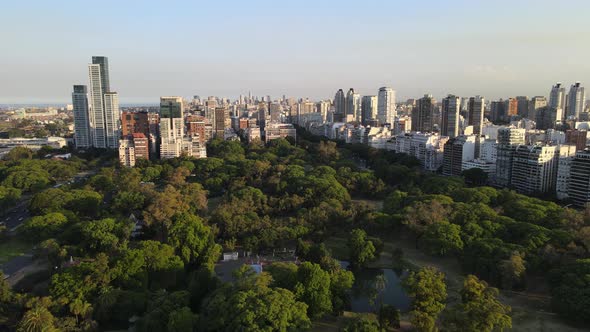 Palermo Japanese garden woodlands Buenos Aires urban skyscraper skyline aerial dolly right