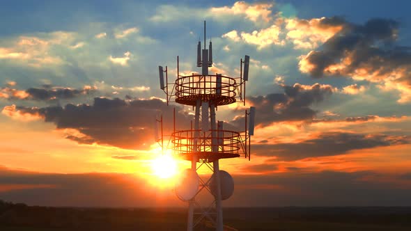 Aerial View of the Top of Telecommunication Tower Against Scenic Sunset
