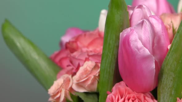 Side of Bouquet Flower with Roses and Tulips, on Red, Green, Rotation, Close Up