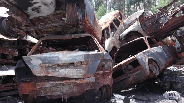 Irpin Bucha District Ukraine a Dump of Shot and Burned Cars