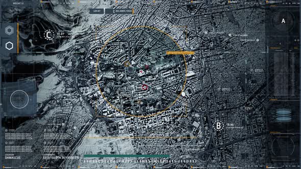 Capital of Syria.Satellite Radar.Drone.Computer User Interface.Tracking Location